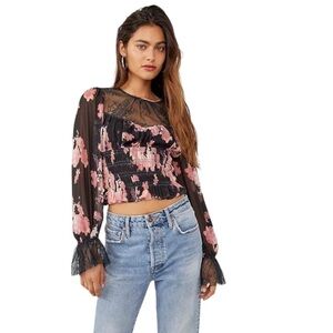 Free People Daphne Black Pink Lace Bell Sleeve Smocked Crop Whimsigoth NEW